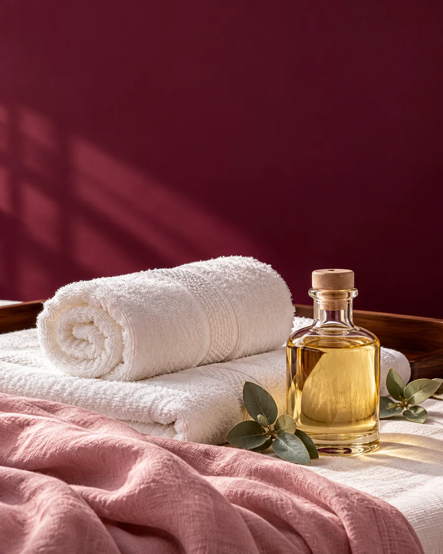 Illustrative clean towels and a plain oil bottle