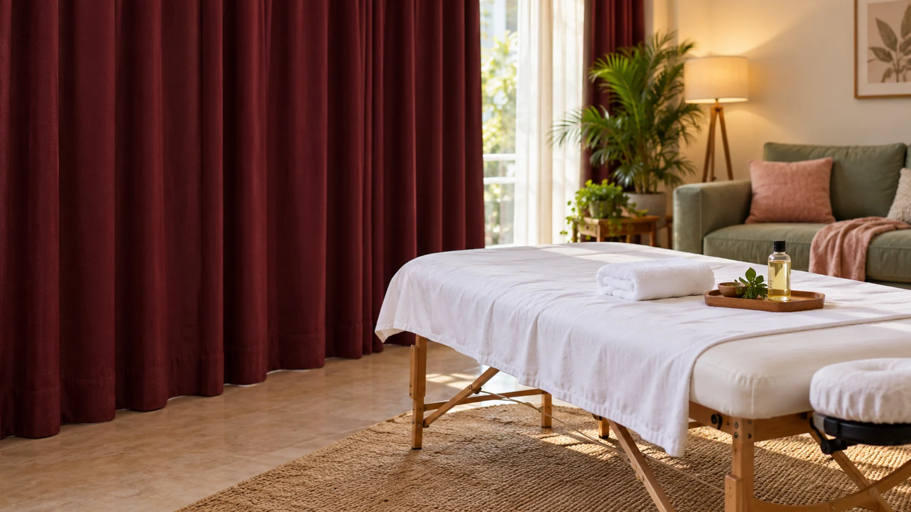 Illustrative prepared massage table with clean white towels in a sunlit living room